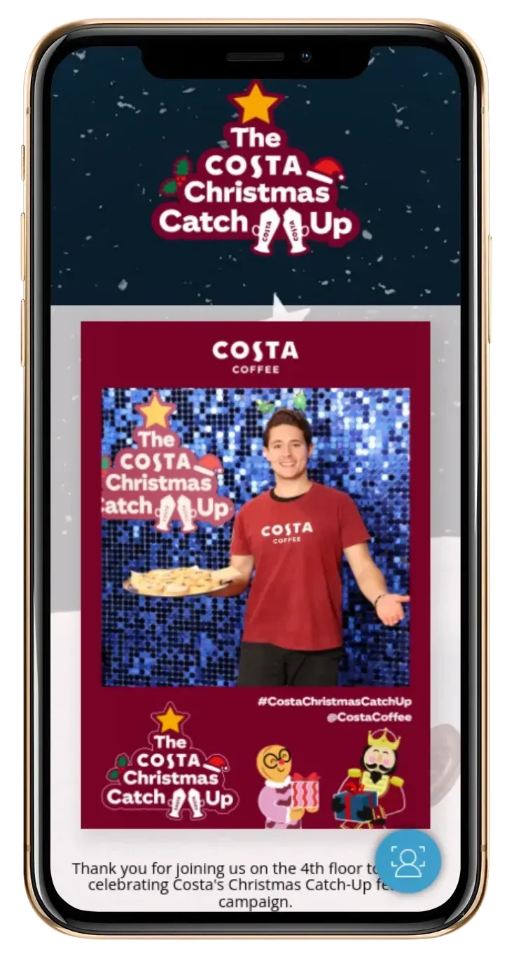 branded photo microsite image of an iPhone with a photo from the event at Costa Coffee, printed on-site during a brand activation. With the mobile phone displaying the micro and gallery of branded images from the event.