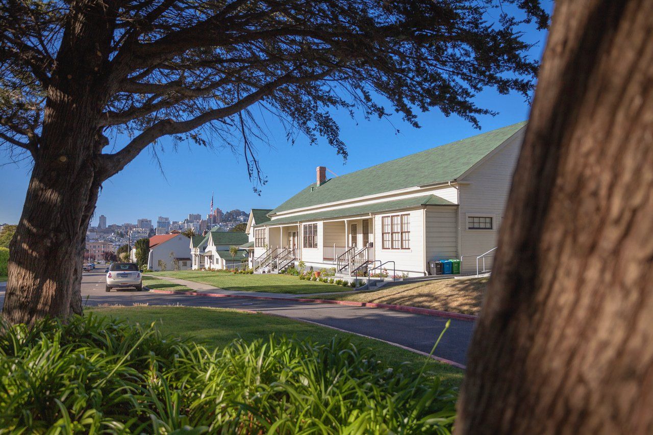 angled shot of neighborhood through trees, a single level house