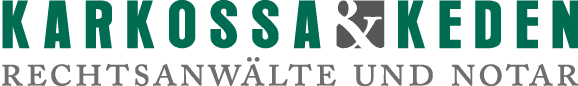 Logo für die Anwaltskanzlei Karkossa & Keden mit grünem Text oben und grauem Text darunter.