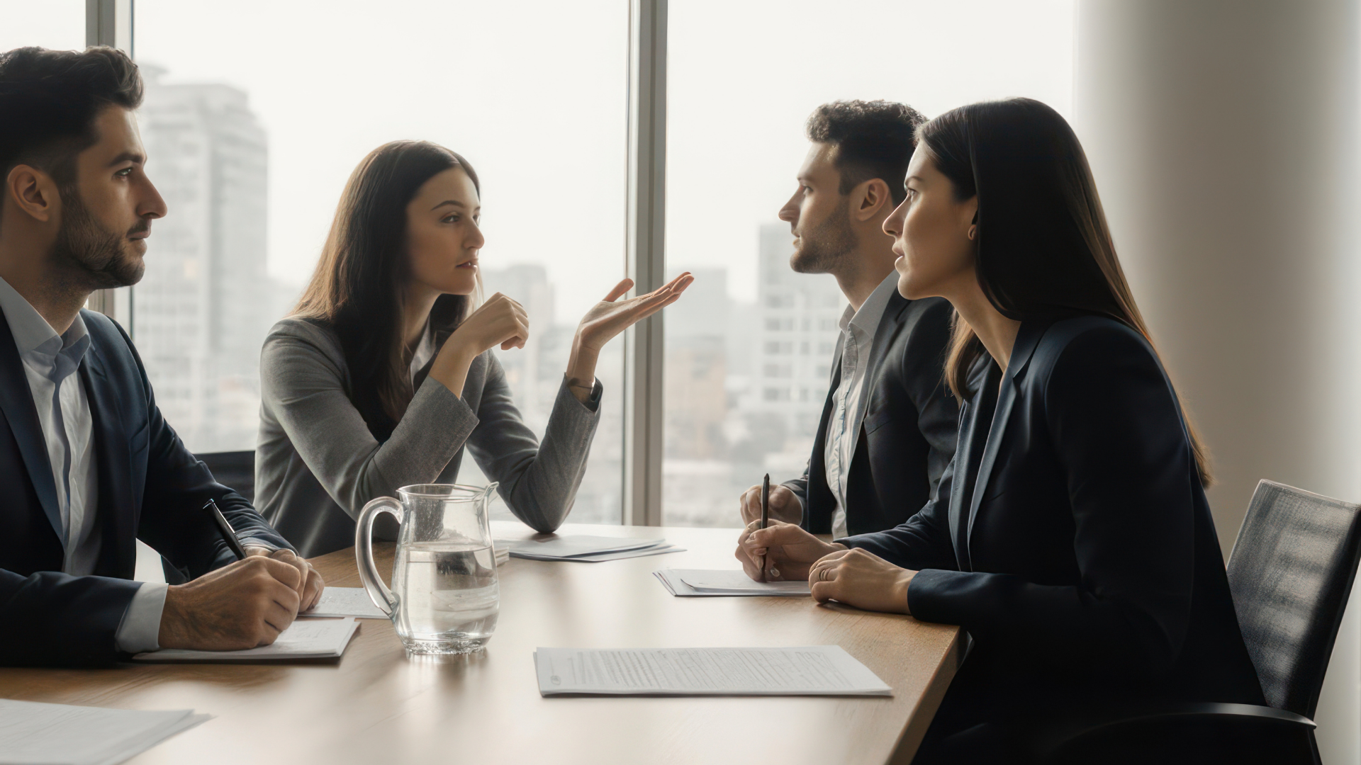 Businesspeople in a meeting at a conference table, discussing a topic with documents and water glasses present.