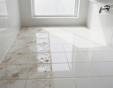 Dirty white tiled bathroom floor with muddy streaks and bright window light