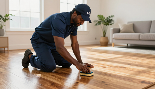 Person kneeling on a wooden floor, using a scrub brush to clean it in a bright living room.