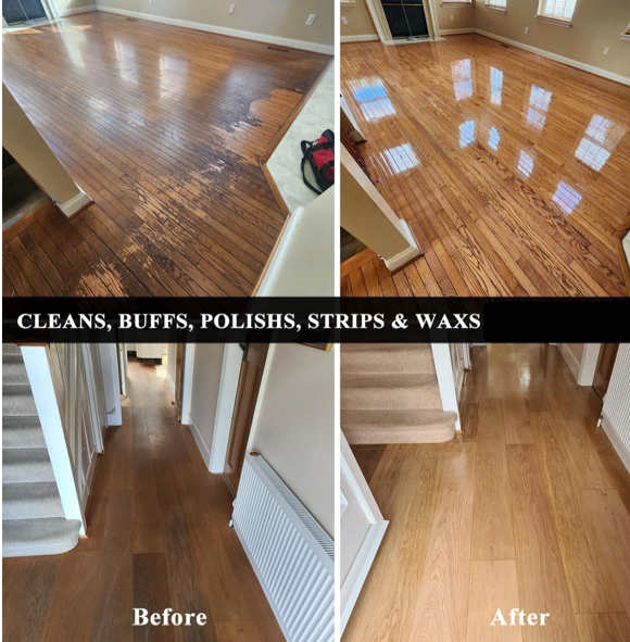 Before-and-after hardwood floor refinishing in a hallway, showing a glossy cleaned and polished wood surface.