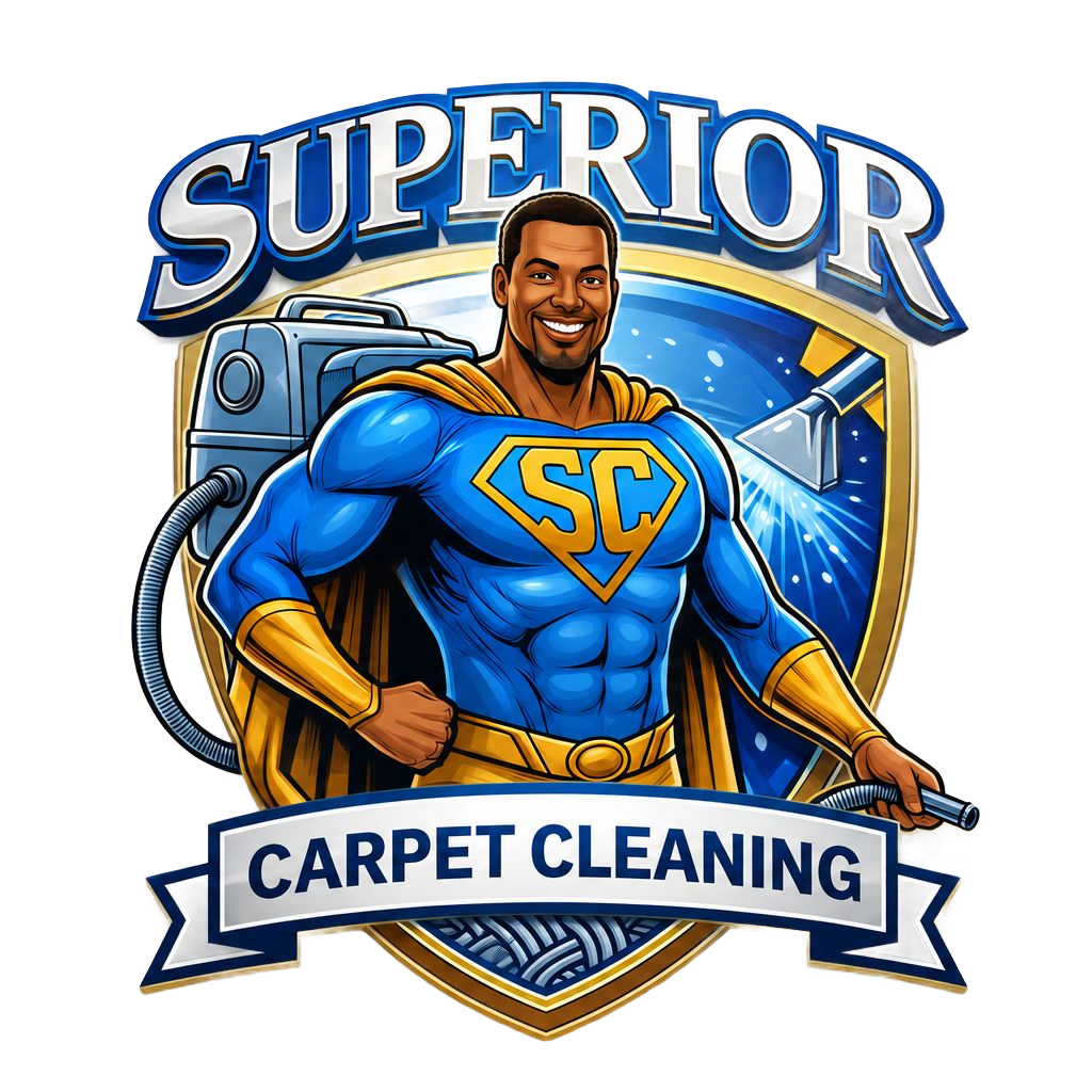 Logo for Superior Carpet Cleaning showing a smiling superhero in blue and gold.