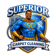 Logo for Superior Carpet Cleaning showing a smiling superhero in blue and gold.
