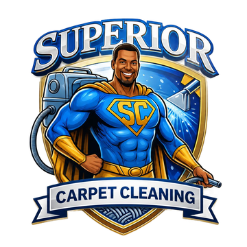 Logo for Superior Carpet Cleaning showing a smiling superhero in blue and gold.