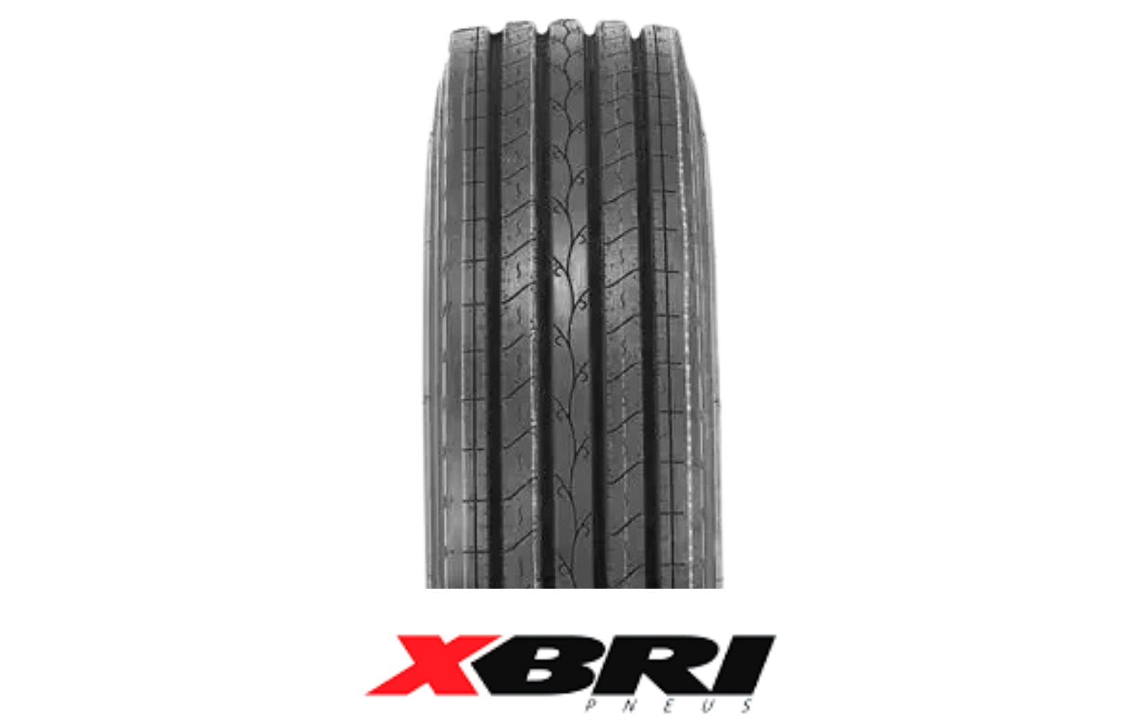 Pneu preto com padrão de piso vertical; logotipo XBRI abaixo.