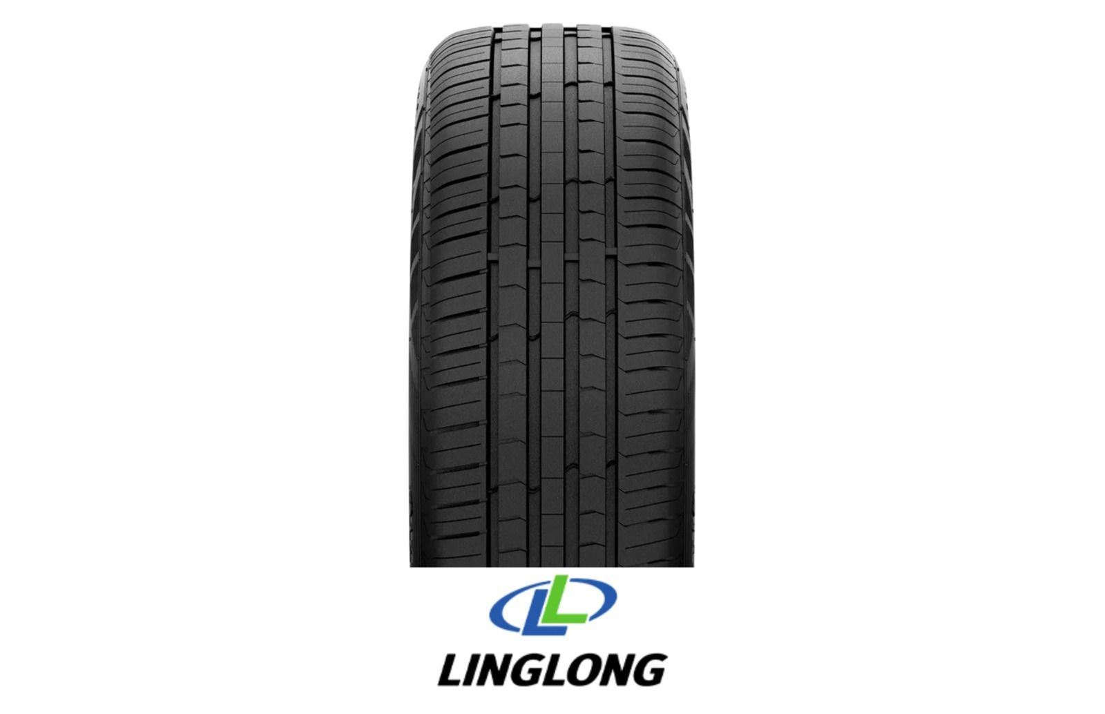Pneu Linglong preto com padrão de piso; logotipo da empresa na parte inferior.