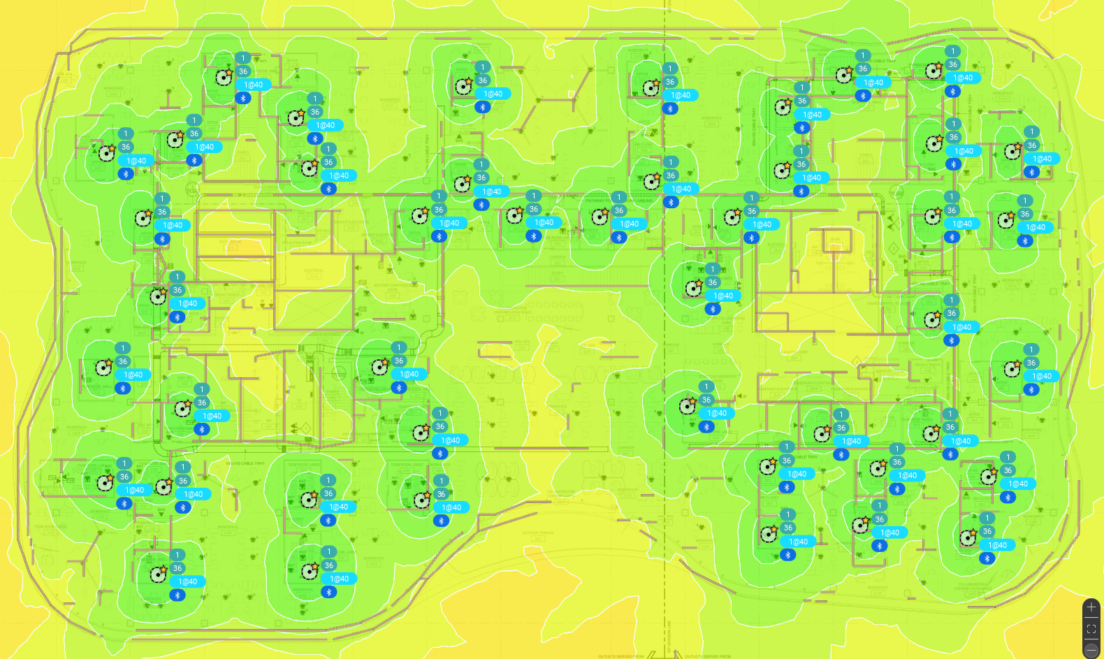 A floor plan of a building with lots of blue dots on a yellow background.