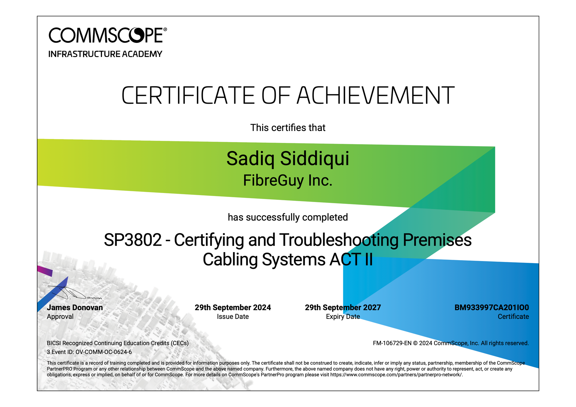 A commscope certificate for WR9416 of attendance for sadiq siddiqui