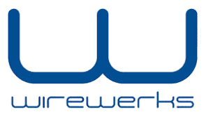 A blue logo for wireworks on a white background