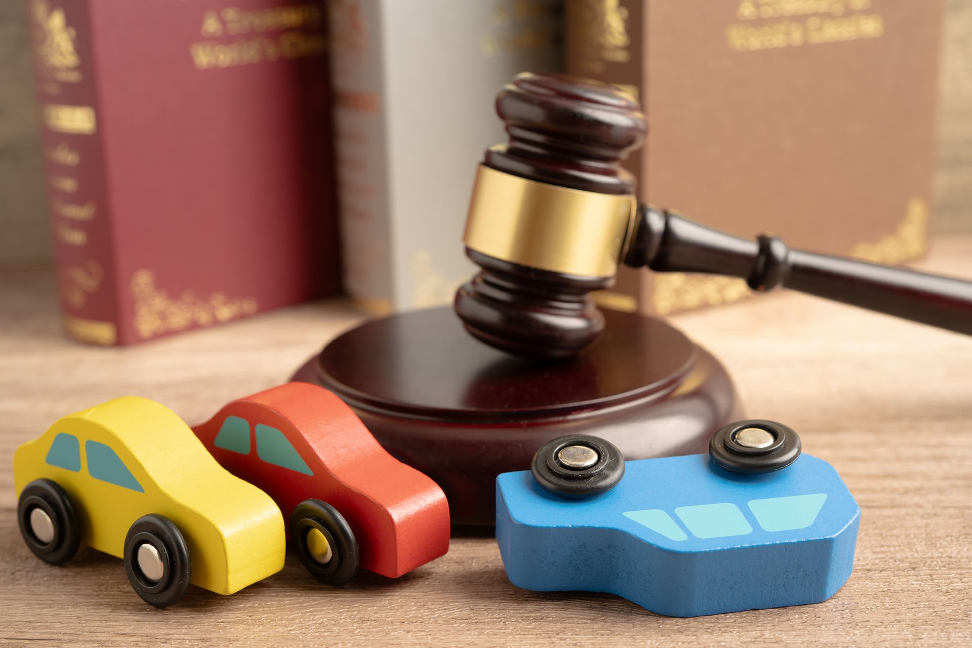 Wooden toy cars, including one overturned, placed beside a judge’s gavel and law books. Wooden toy cars, including one overturned, placed beside a judge’s gavel and law books.