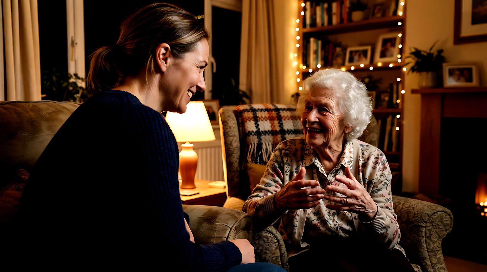 Two people talking in a cozy living room, one smiling and gesturing while seated by a lamp and bookshelves.