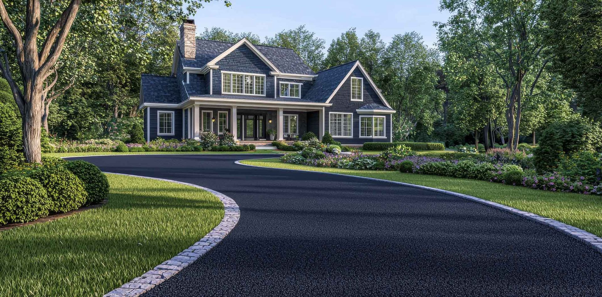 Gleaming in the sunlight, the perfectly paved asphalt driveway with a fresh dark sealcoat