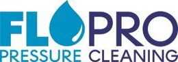 FLOPRO Pressure Cleaning logo with blue water drop icon and blue text on white background