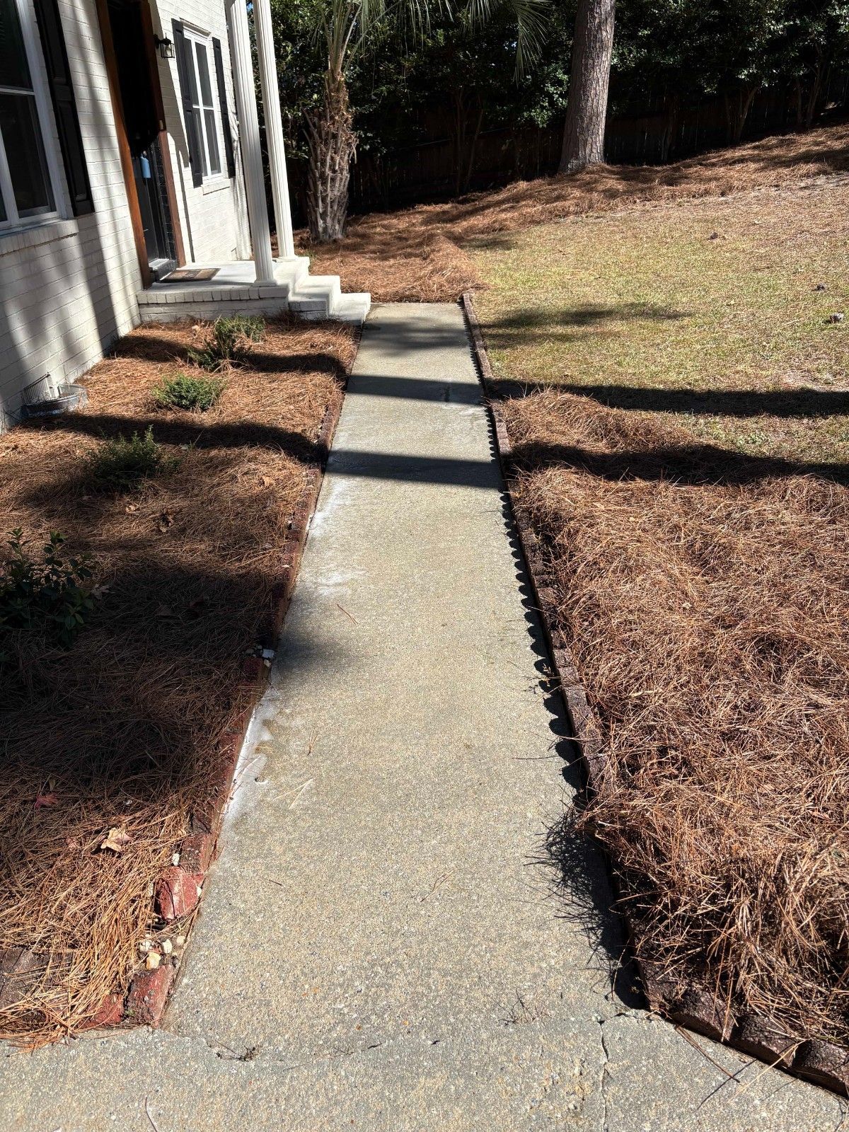Concrete walkway between a house and a grassy yard with brown mulch beds on both sides