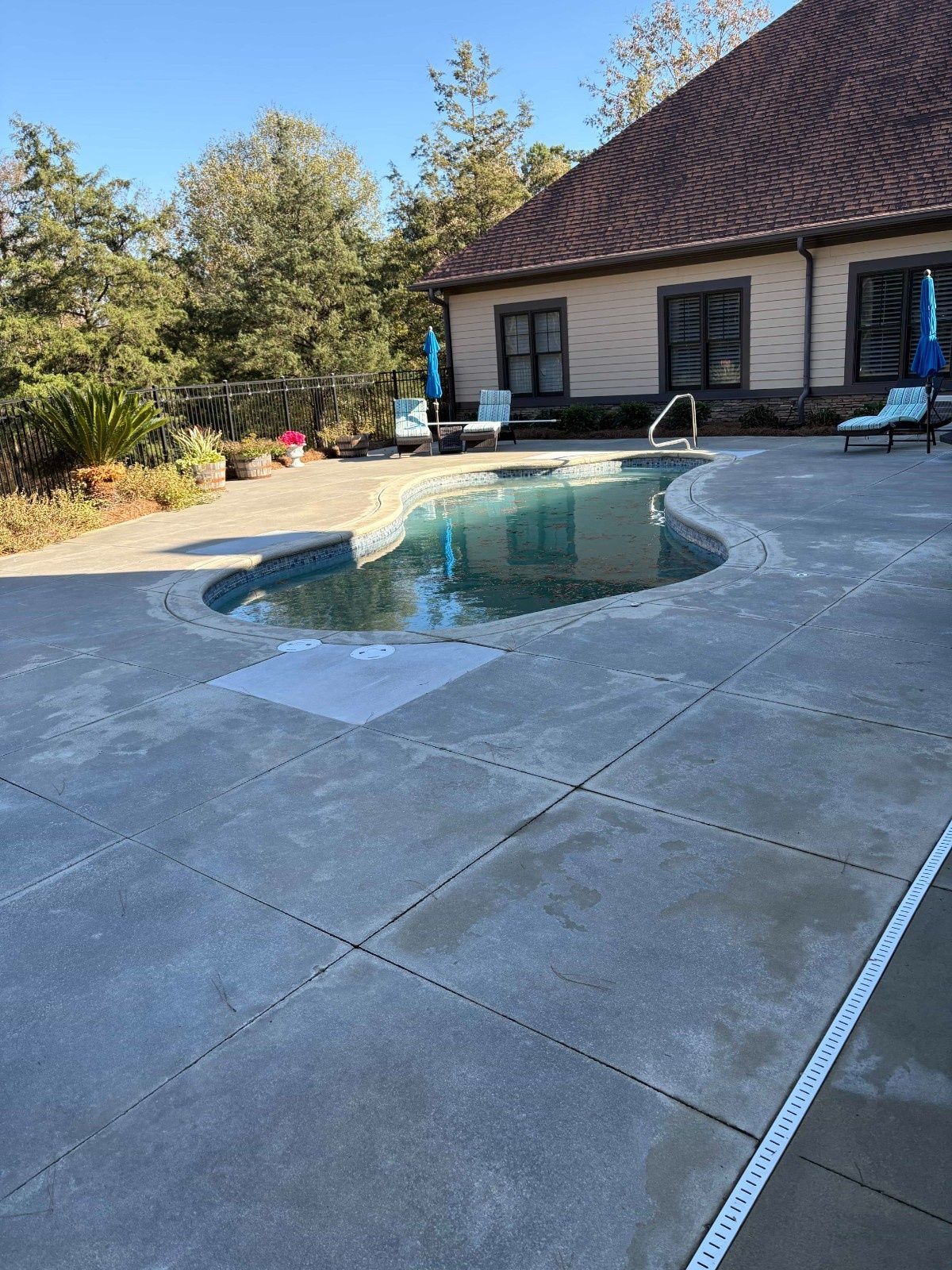 Backyard pool beside a house with lounge chairs and concrete patio surrounded by trees