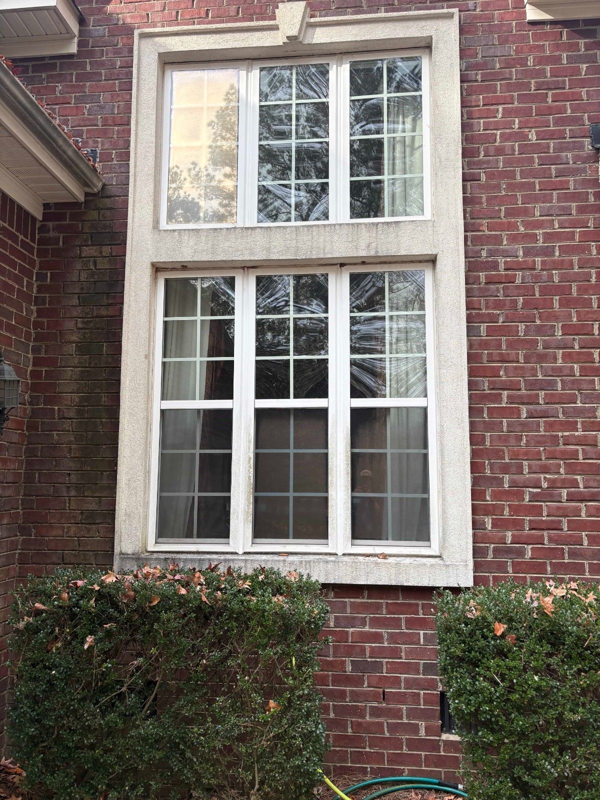 Red brick building facade with a white-paned window above trimmed hedges