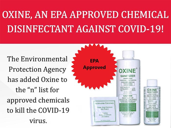 Oxine EPA-approved disinfectant ad for killing COVID-19 virus, with product bottles and red banner.