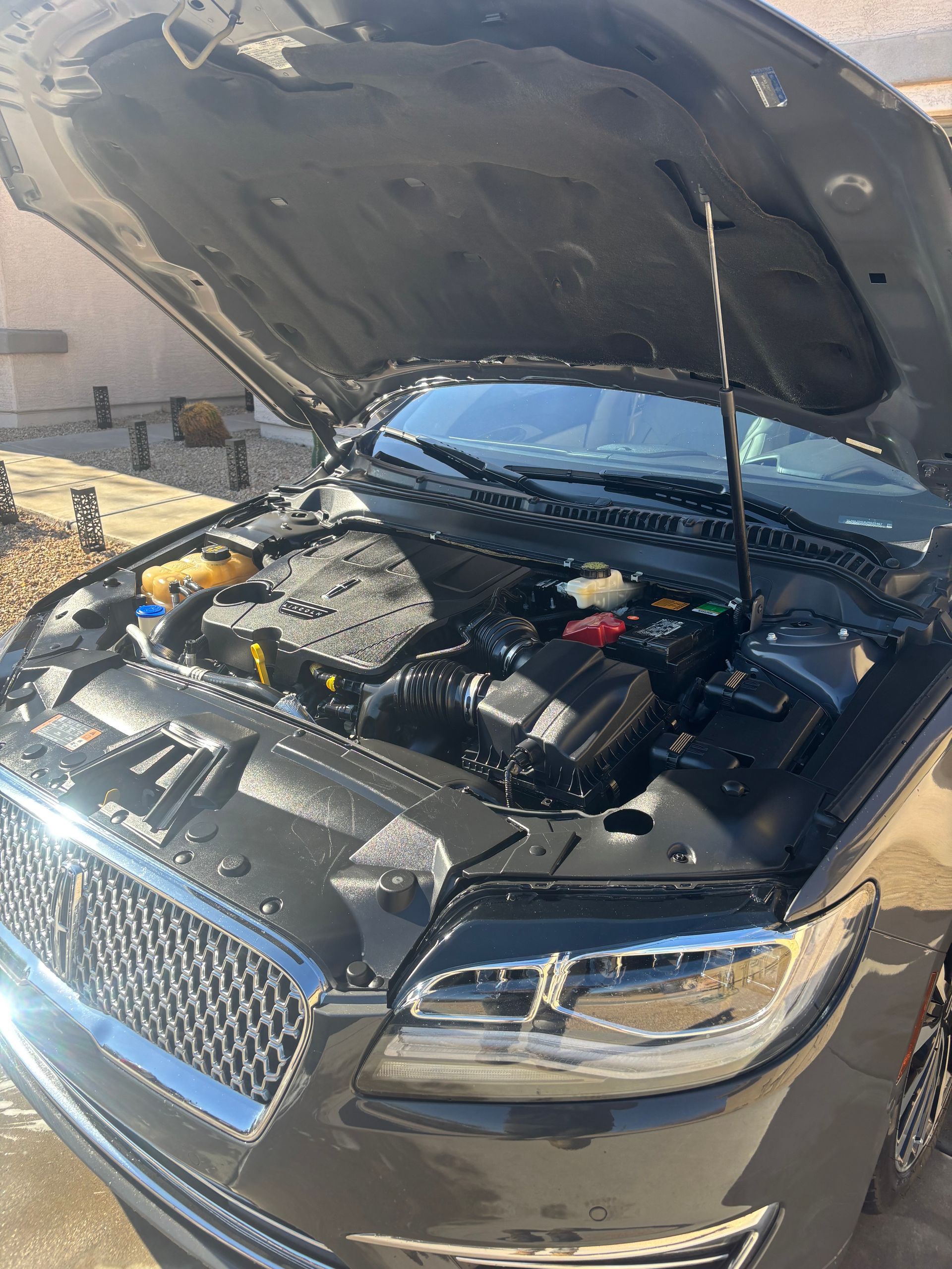 Black car with hood open, showing the engine in daylight outdoors.