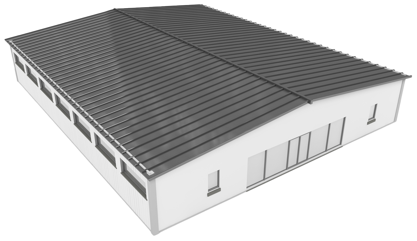 A 3d model of a building with a gray roof