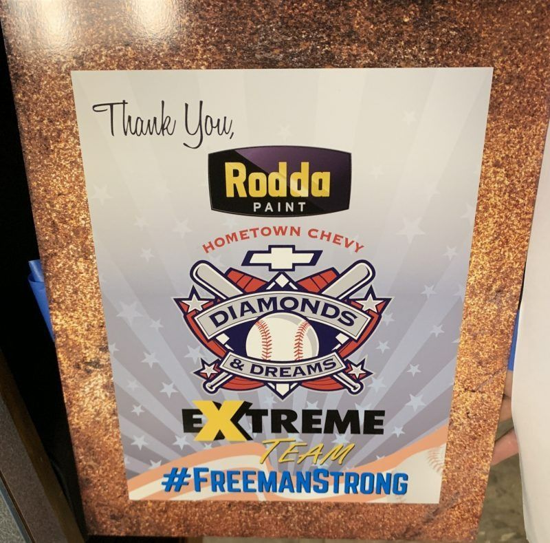 A flyer thanking sponsors for the Hometown Chevy Diamonds & Dreams extreme team, featuring a baseball graphic.