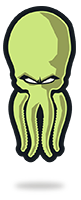 A cartoon illustration of a light green octopus-like creature with an angry expression, set against a dark background.