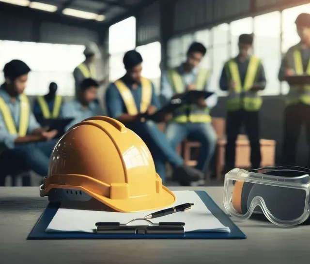 Casco naranja y gafas de seguridad sobre un portapapeles, con trabajadores con chalecos reflectantes difuminados al fondo.