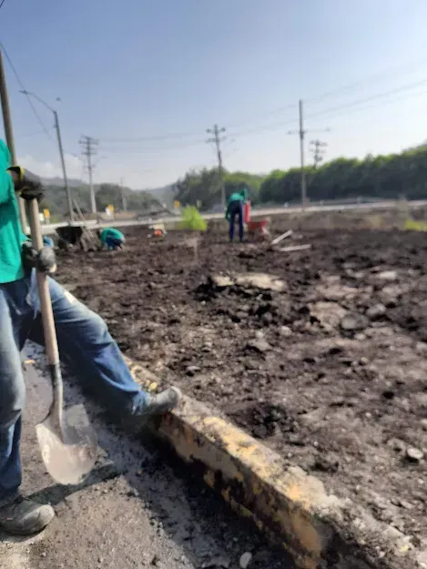 Trabajadores limpian escombros embarrados al borde de la carretera cerca de postes de electricidad bajo un cielo nublado.