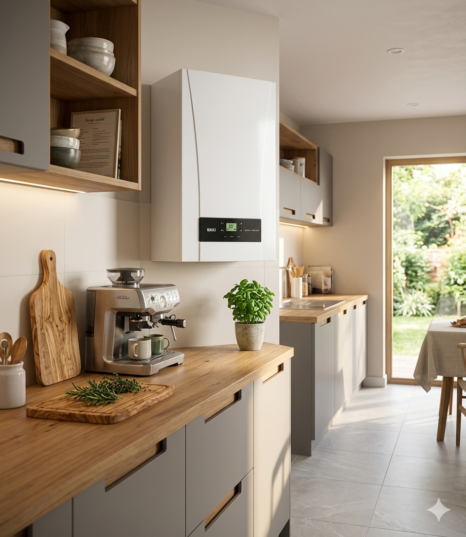 Cocina moderna con encimeras de madera, cafetera, armarios blancos y vistas abiertas a un luminoso comedor.