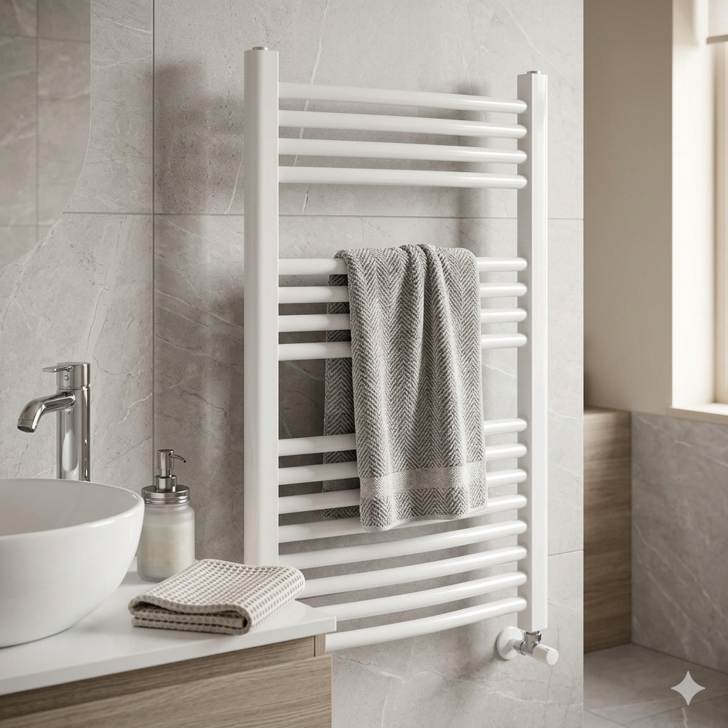 Radiador toallero blanco con toallas grises junto a un lavabo y una ventana del baño.