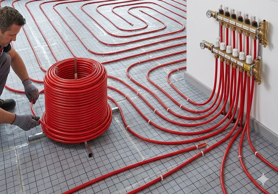 Instalador colocando tuberías rojas de calefacción radiante por suelo radiante en una habitación en construcción.