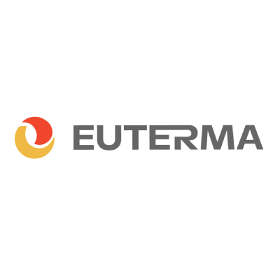Logotipo de EUTERMA con un icono circular rojo y amarillo sobre un fondo blanco.