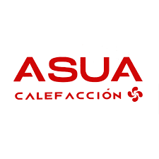 Logotipo de ASUA Calefacción en rojo con un pequeño icono de un ventilador sobre fondo blanco.
