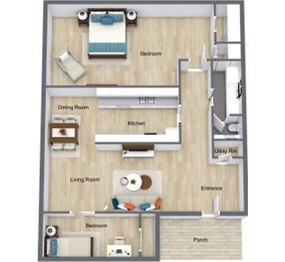 2 Bedroom 1 Bath with Den floor plan
