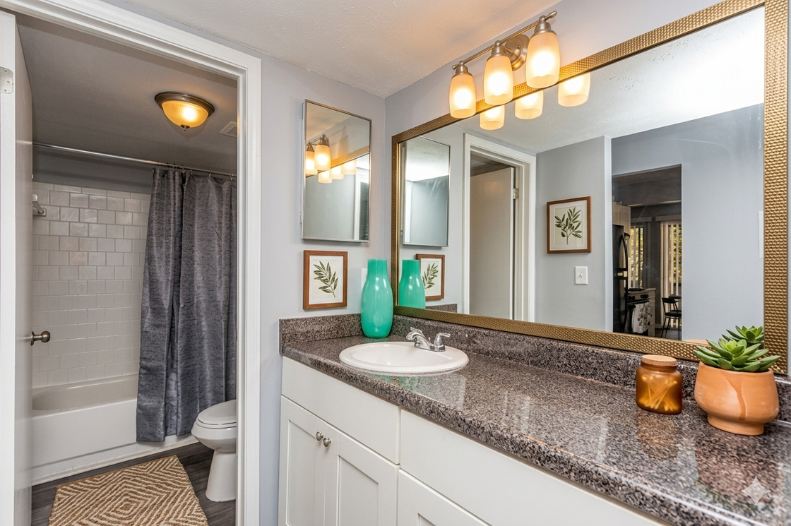 a bathroom with a sink , toilet , shower and mirror .