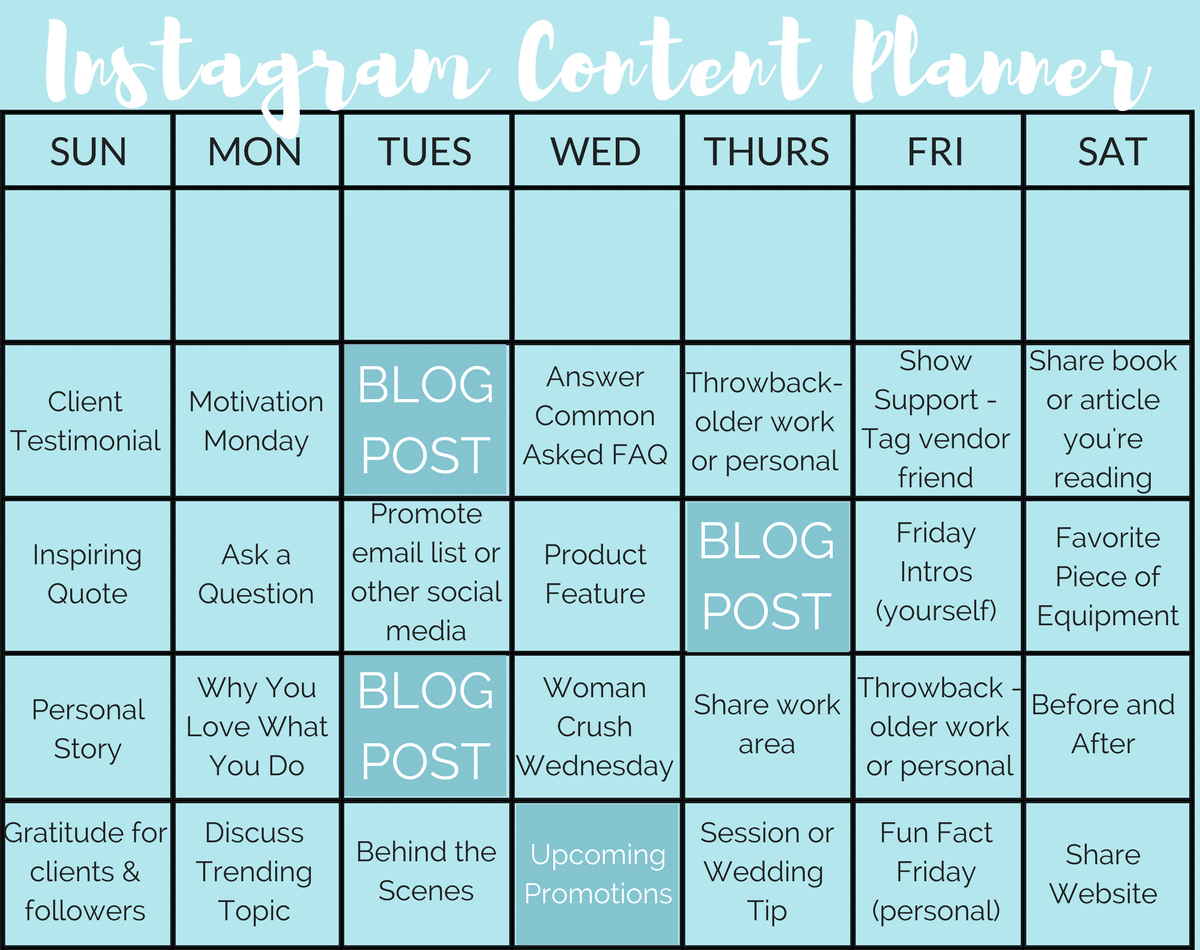 An instagram content planner is shown on a blue background