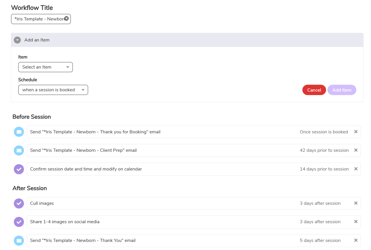 Iris Works workflow settings page where photographers can configure automated tasks, emails, and workflow actions for client projects
