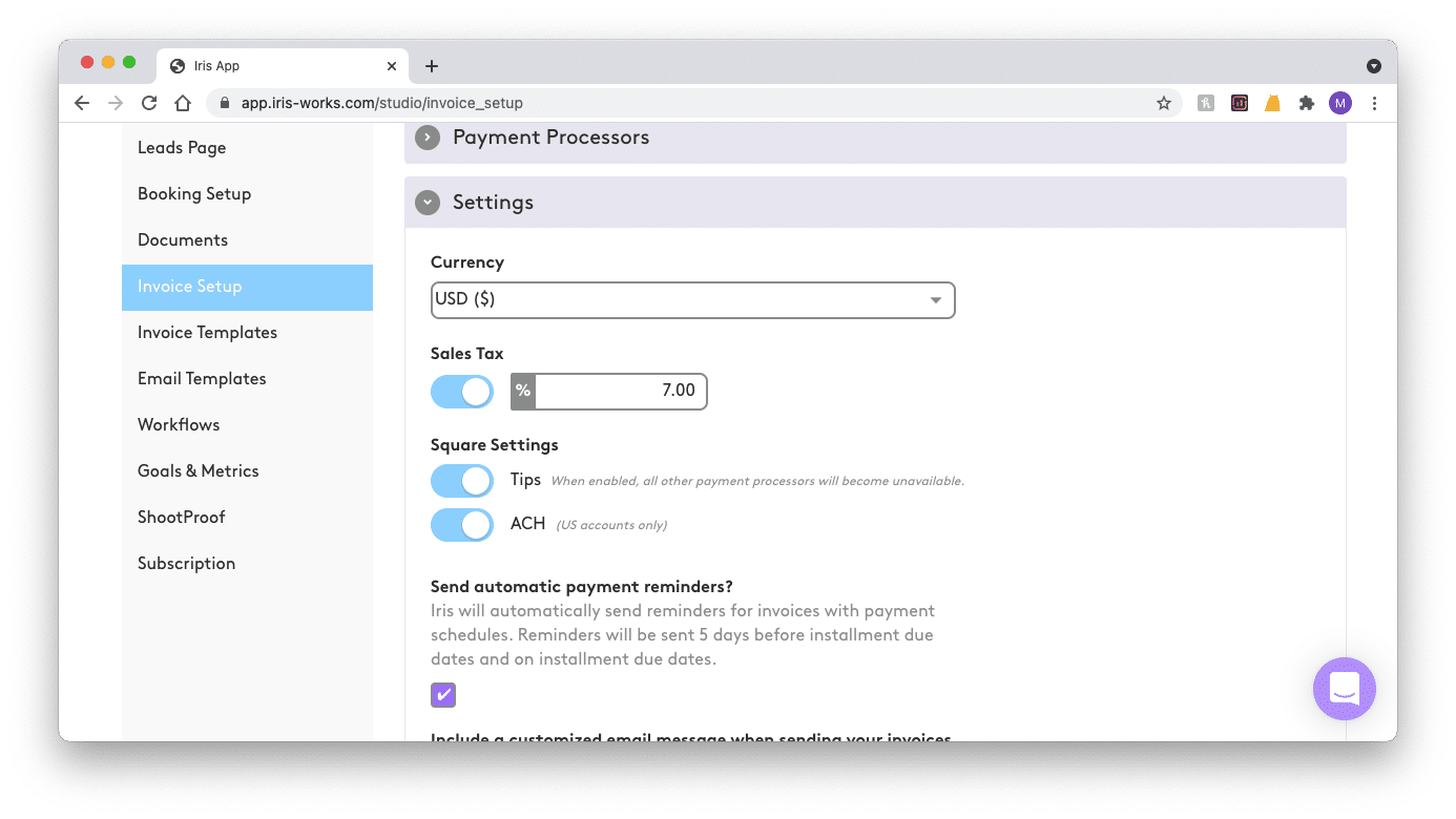 A screenshot of a browser window showing the settings page.