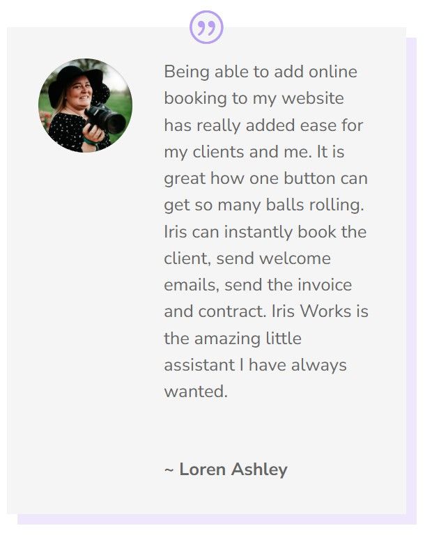 A quote from loren ashley about being able to add online booking to her website