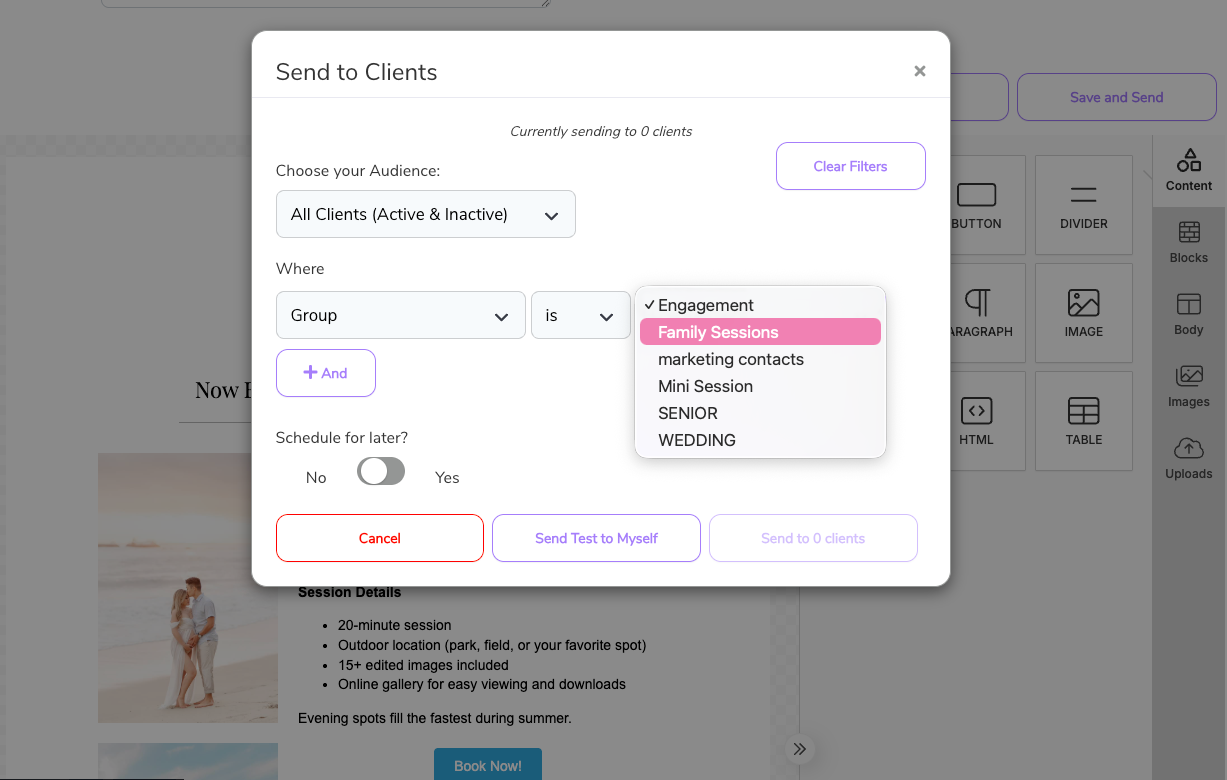 A screenshot of a website with a popup window that says ' send to clients ' on it.