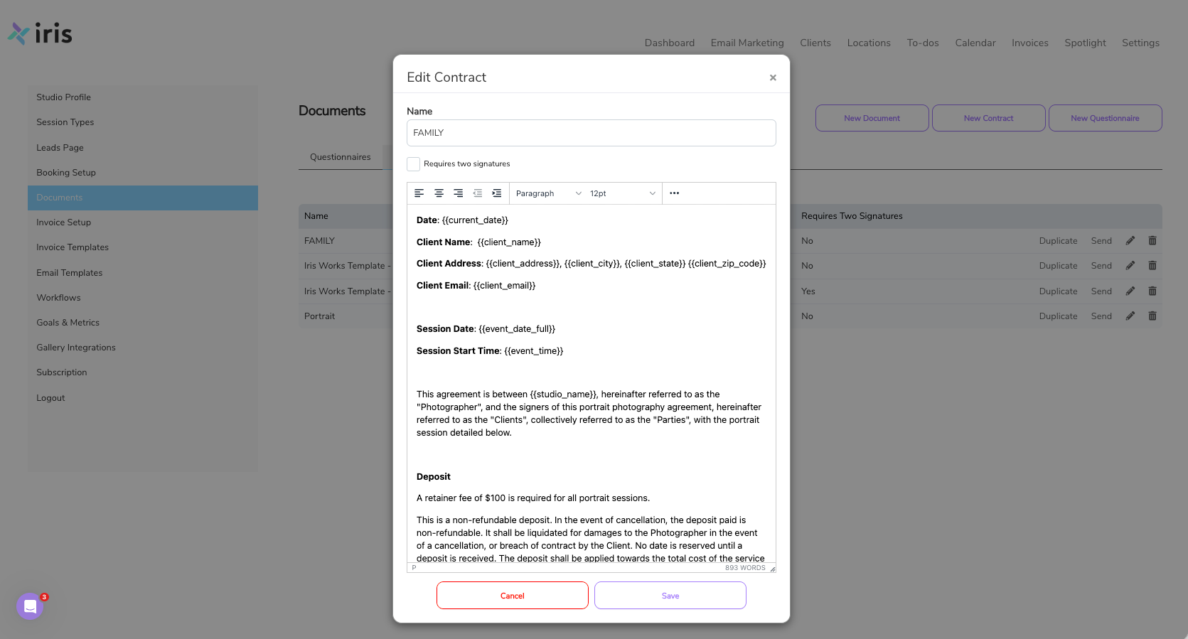 Iris Works contract template generator interface showing customizable photography contract fields, editable text sections, and options to save and reuse templates for client bookings