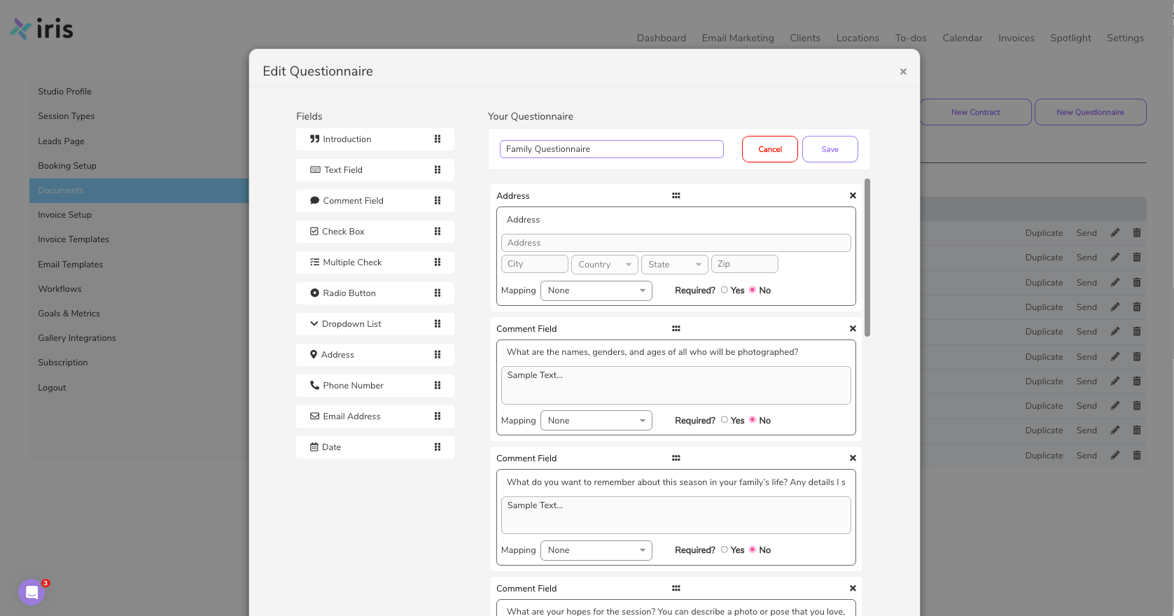 Iris Works questionnaire builder displaying customizable client questionnaires for photographers with editable fields, form sections, and automated workflow integration.