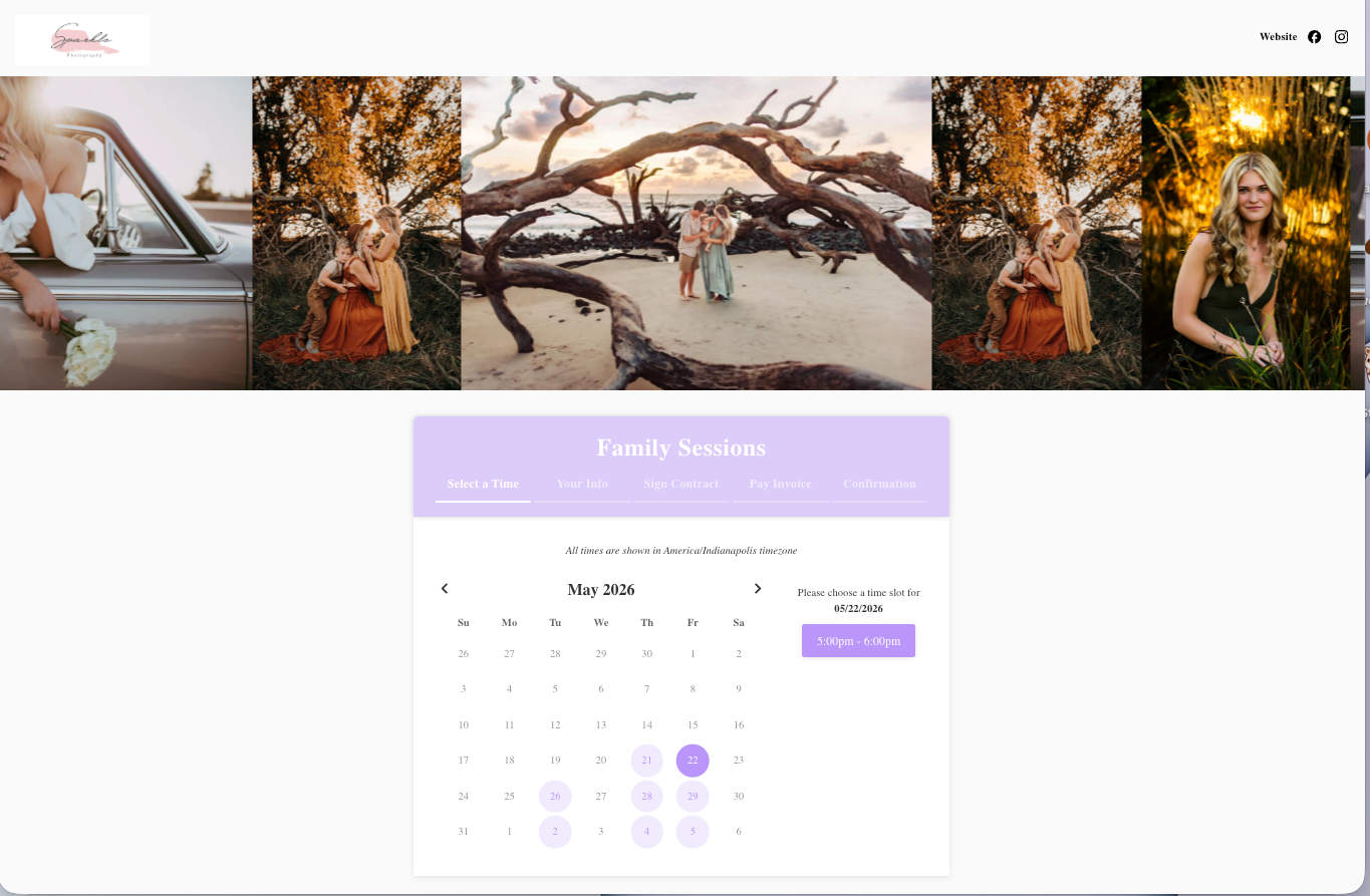 Client-facing Iris Works booking page showing a family photography session calendar with available dates, time slot selection, image banner gallery, and step-by-step booking process including contract signing and invoice payment.