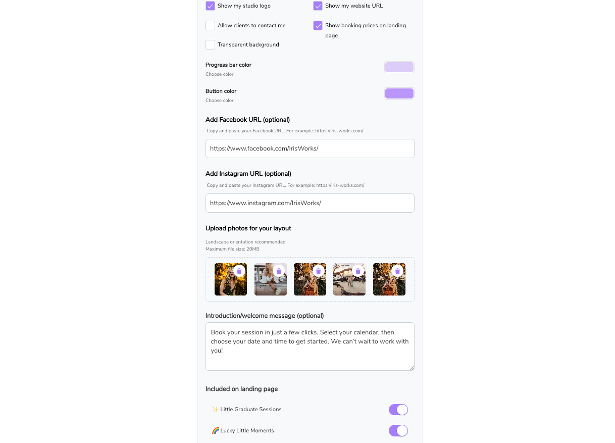 Iris Works booking page customization settings showing options for branding, colors, social media links, photo uploads, welcome message, and landing page session management for photographers.
