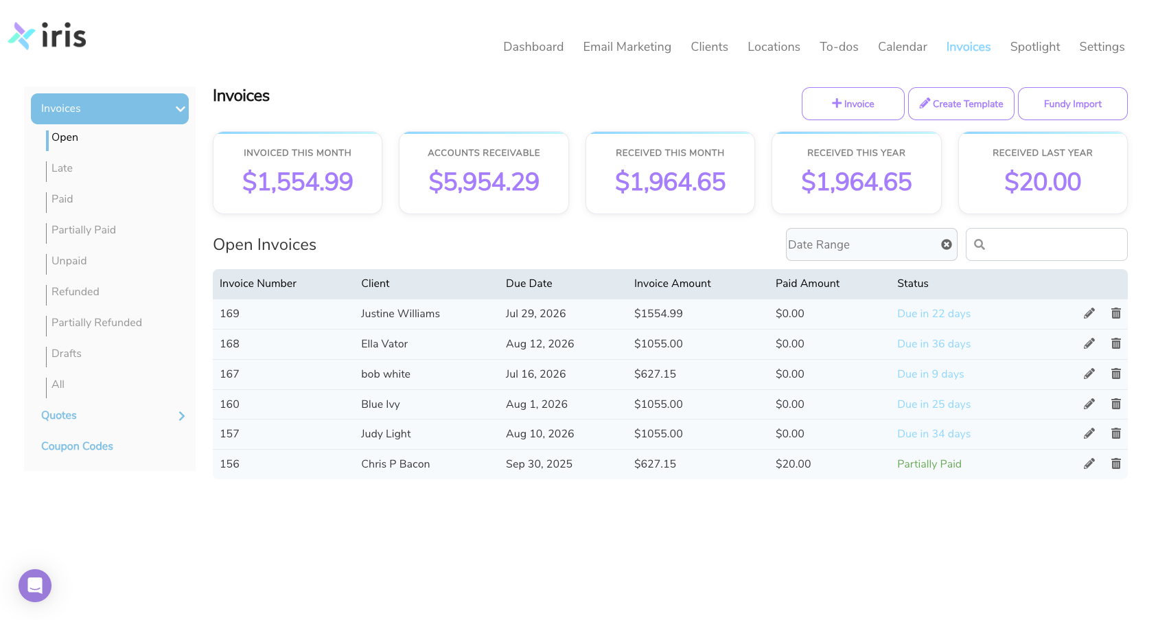 Iris Works photography CRM landing page showing invoice page