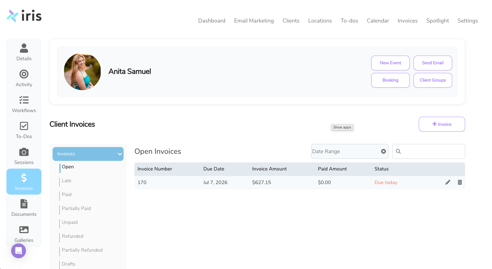 Iris Works client profile with invoice history, payment status, and linked session details visible in one view.