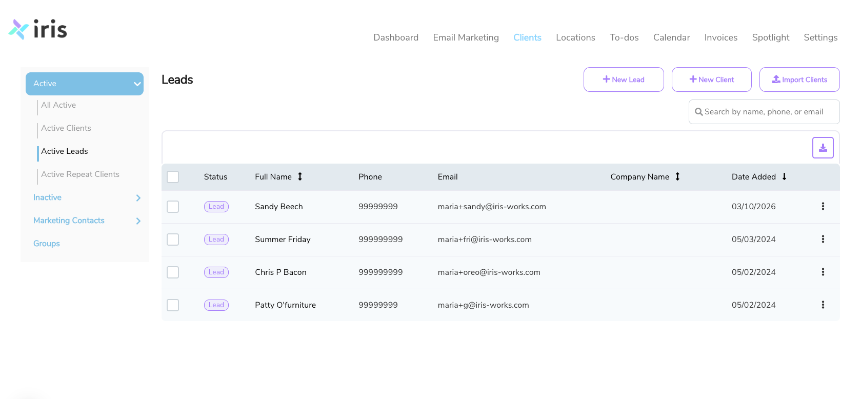 Iris Works Leads view in the Clients tab, showing a filtered list of active leads each marked with a purple