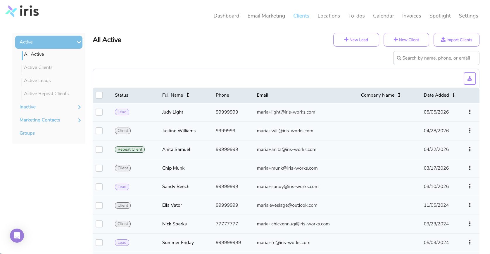 Iris Works All Active client list, showing contacts with Lead, Client, and Repeat Client status tags displayed together in one lis
