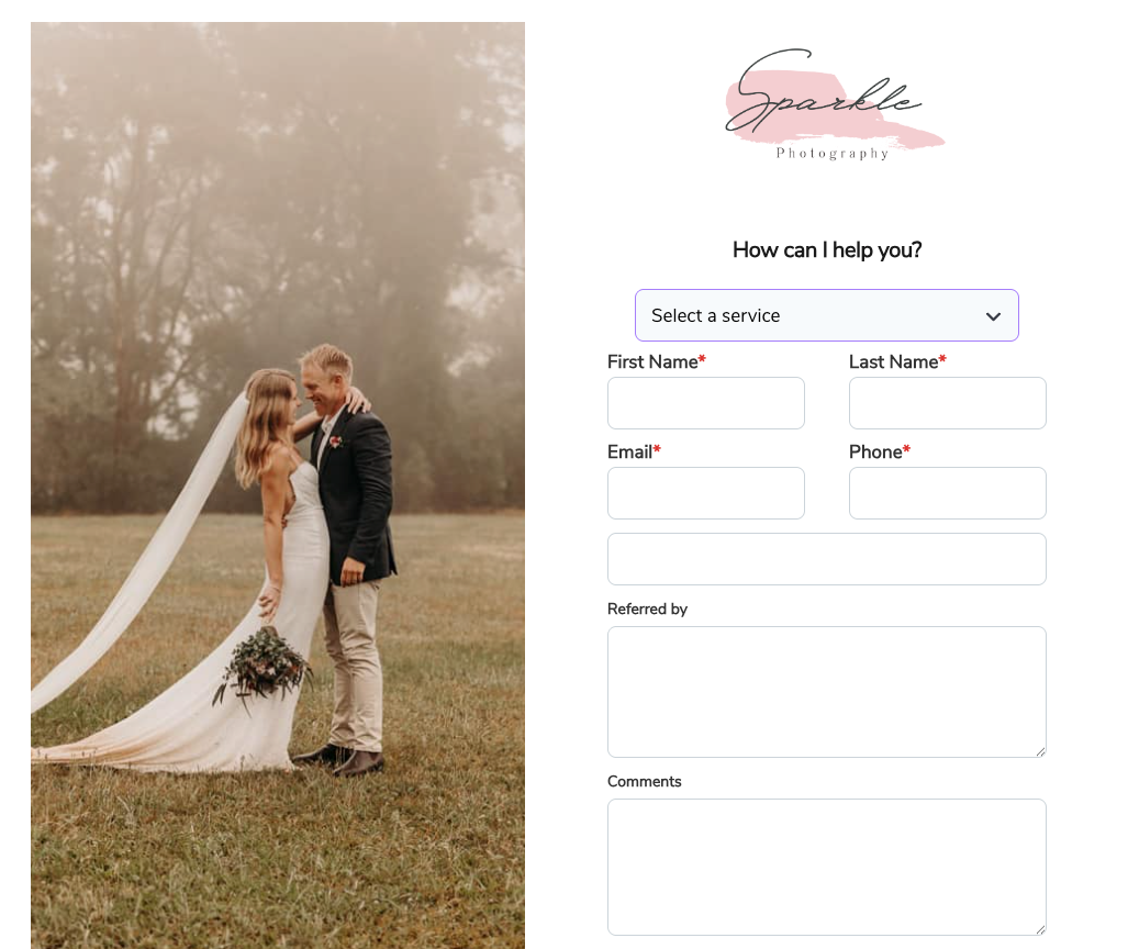 Iris Works lead form for Sparkle Photography, with fields for service type, name, email, phone, referral source, and comments